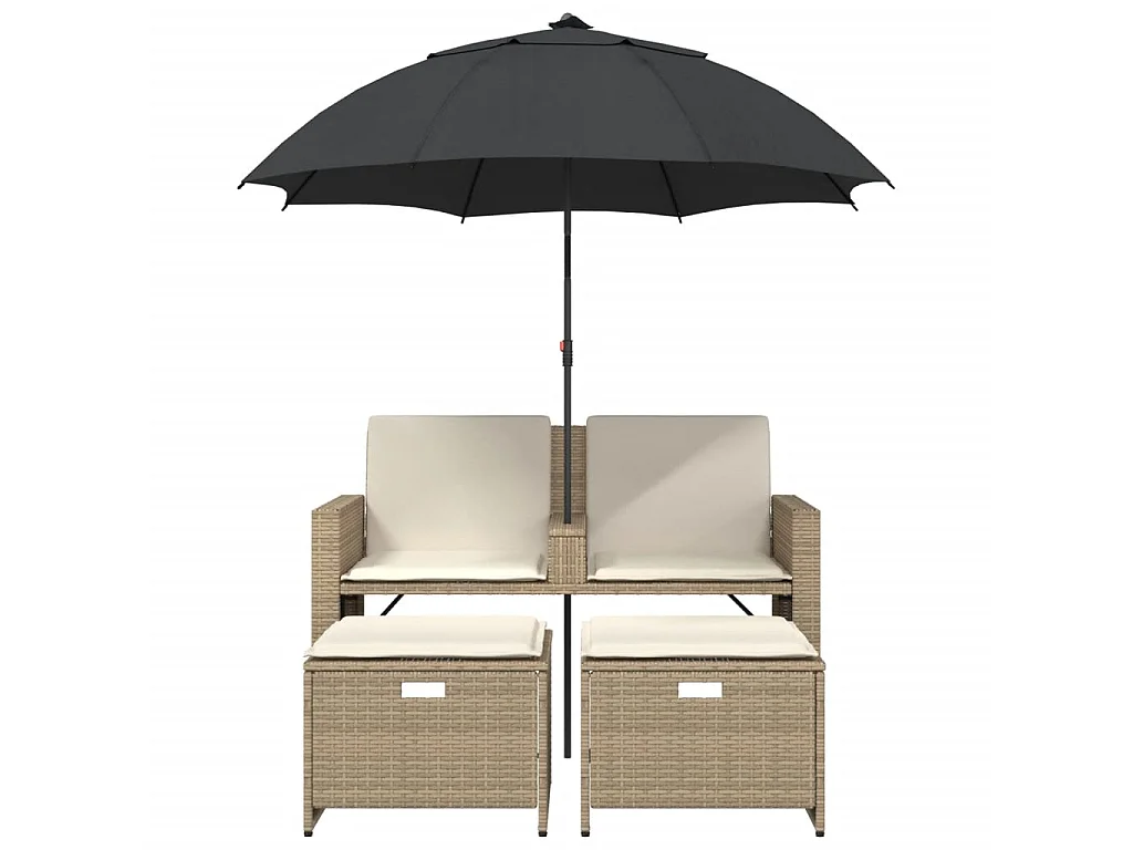 Tuinbank 2-zits met parasol en voetenbanken poly rattan beige