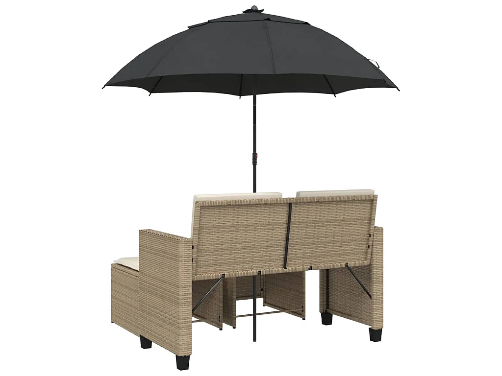 Tuinbank 2-zits met parasol en voetenbanken poly rattan beige