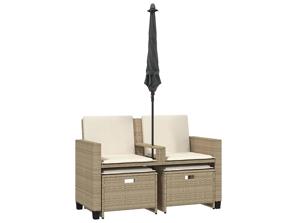 Tuinbank 2-zits met parasol en voetenbanken poly rattan beige