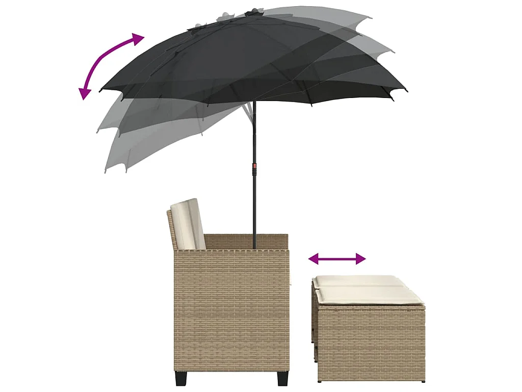 Tuinbank 2-zits met parasol en voetenbanken poly rattan beige