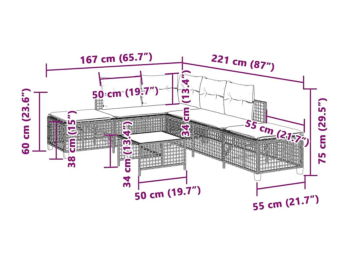 Set Divani ad Angolo 3 pz con Cuscini in Polyrattan Nero