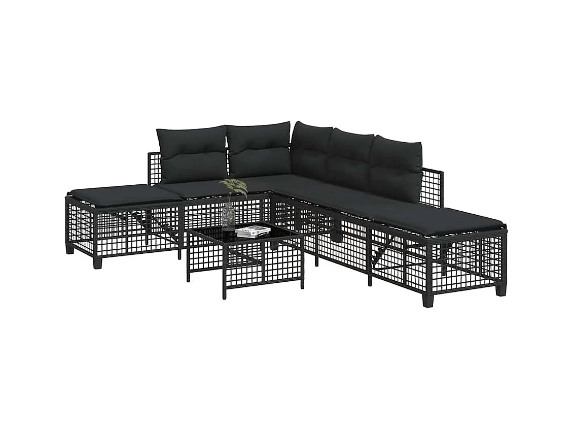 Salon de jardin d'angle 3 pcs avec coussins noir résine tressée
