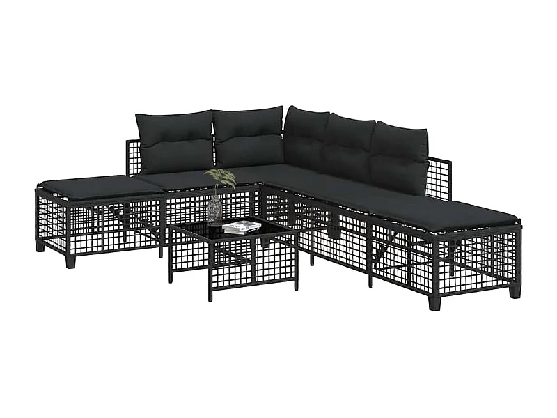 3-delige Loungeset met kussens poly rattan zwart