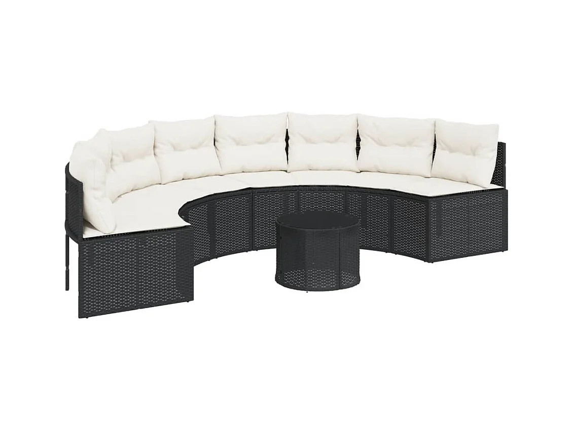 Divano Giardino Tavolo e Cuscini Semicircolare Nero Polyrattan