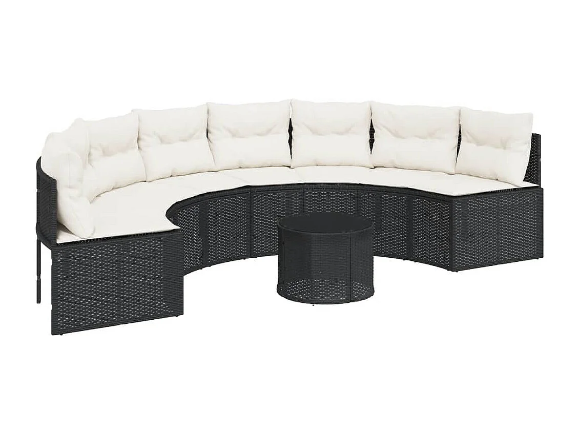 Canapé de jardin table coussins demi-rond noir résine tressée