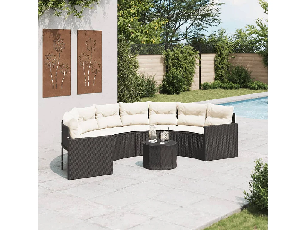 Canapé de jardin table coussins demi-rond noir résine tressée