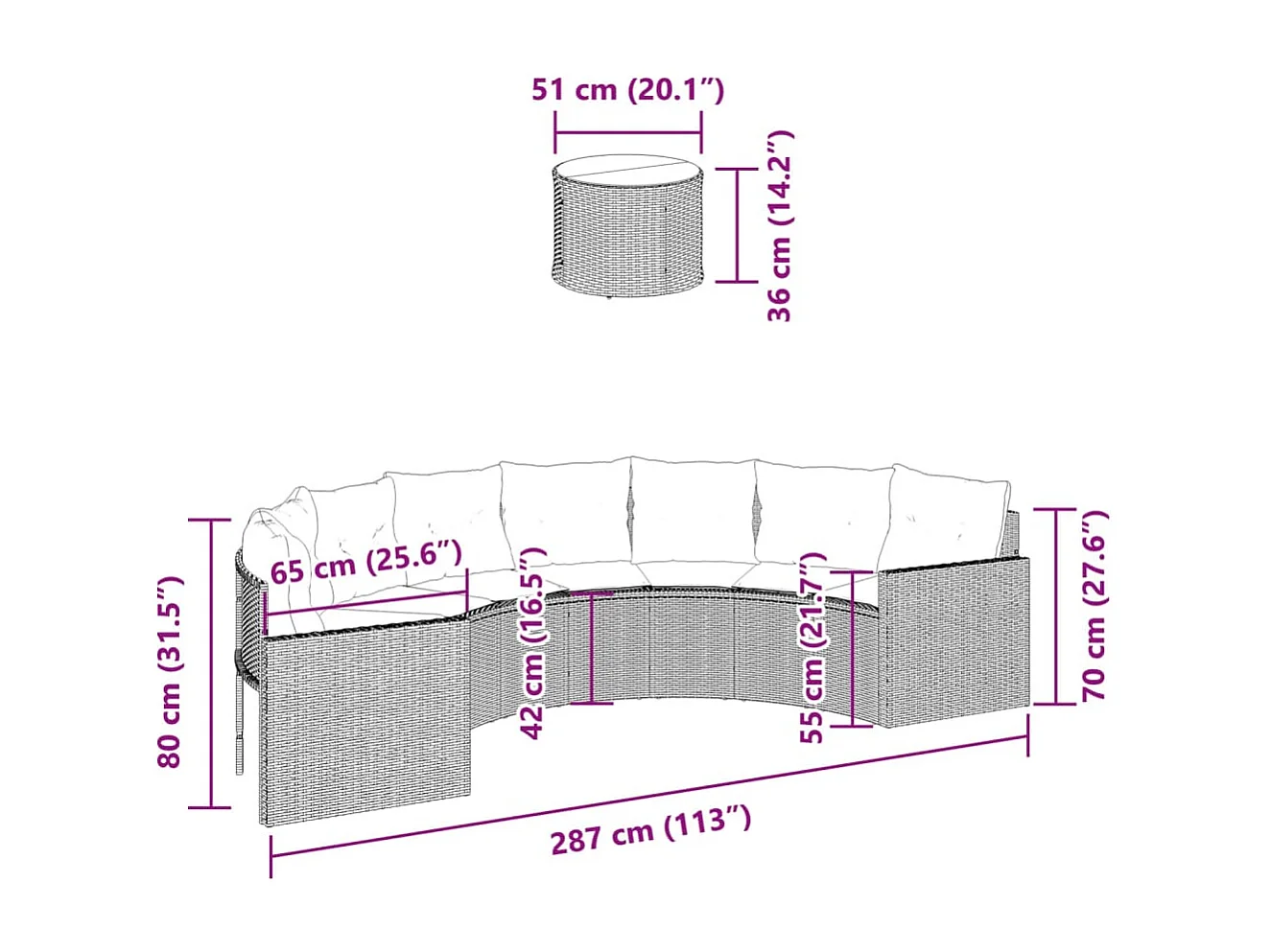 Canapé de jardin table coussins demi-rond noir résine tressée