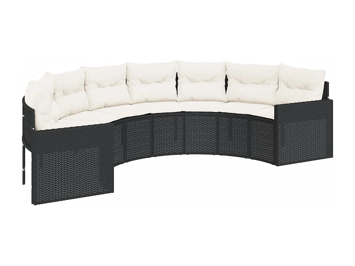Canapé de jardin table coussins demi-rond noir résine tressée