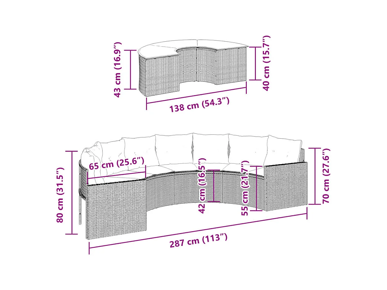 Salon de jardin 2 pcs demi-rond noir résine tressée