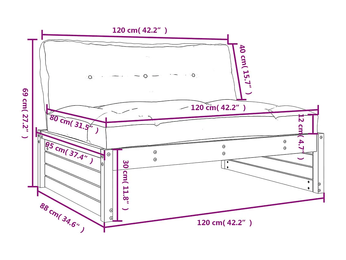 Canapé central 120x80 cm bois de pin imprégné