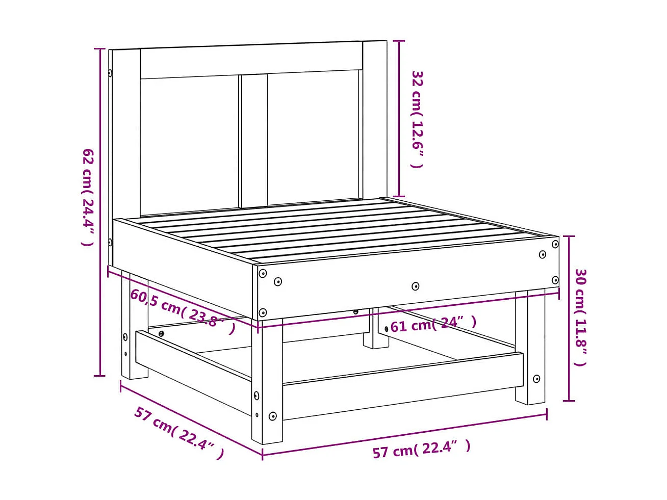 Canapé central de jardin blanc bois de pin massif