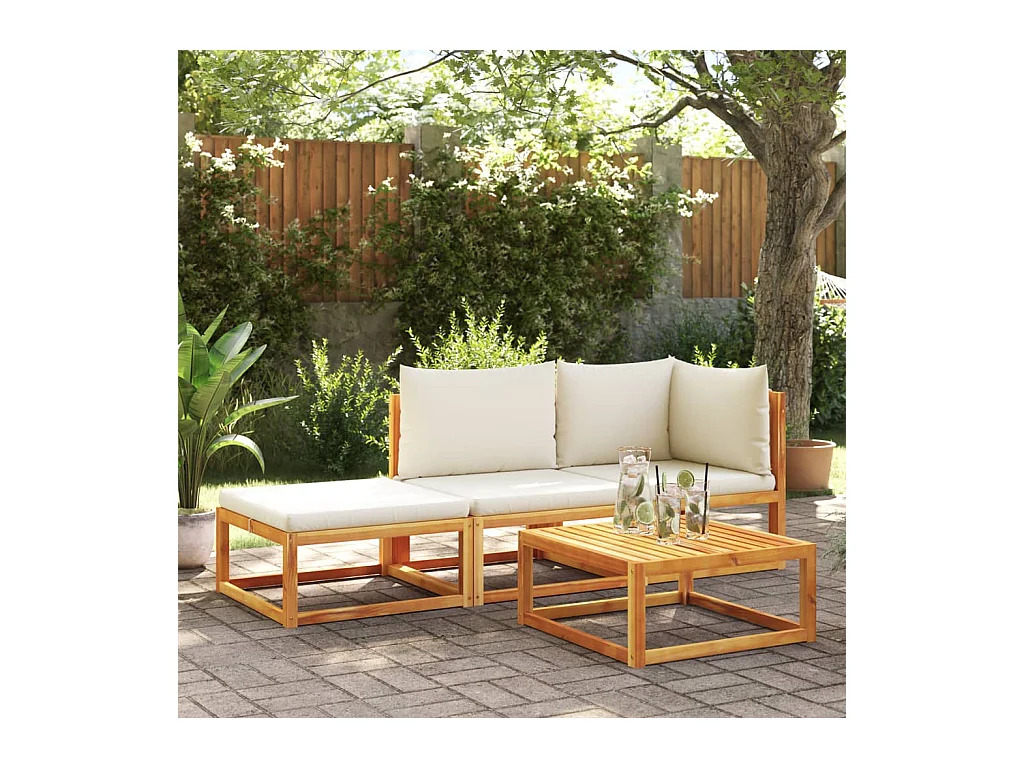 Ensemble de canapés de jardin 3 pièces avec coussins, bois d'acacia et corde,
