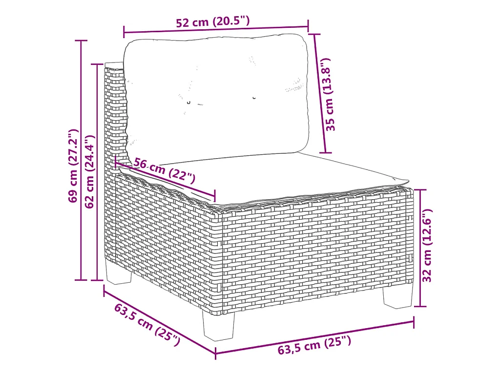 Gartensofa ohne Armlehnen mit Kissen Schwarz Poly Rattan