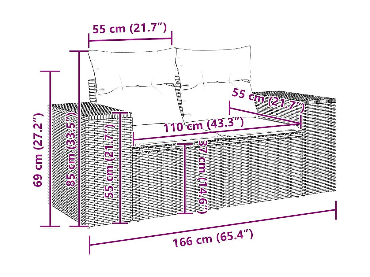 Tuinbank 2-zits met kussens poly rattan bruin