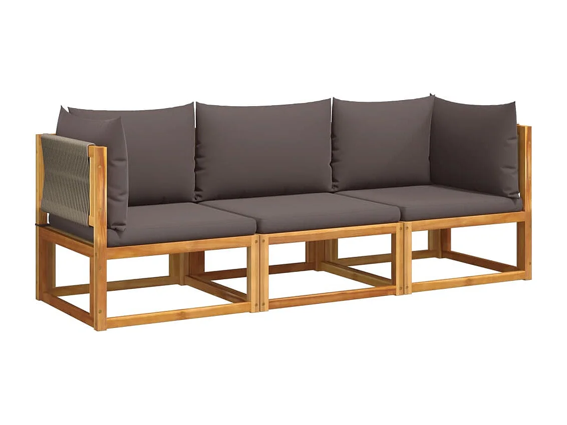 Ensemble de canapés de jardin 3 pièces avec coussins, bois d'acacia et corde,