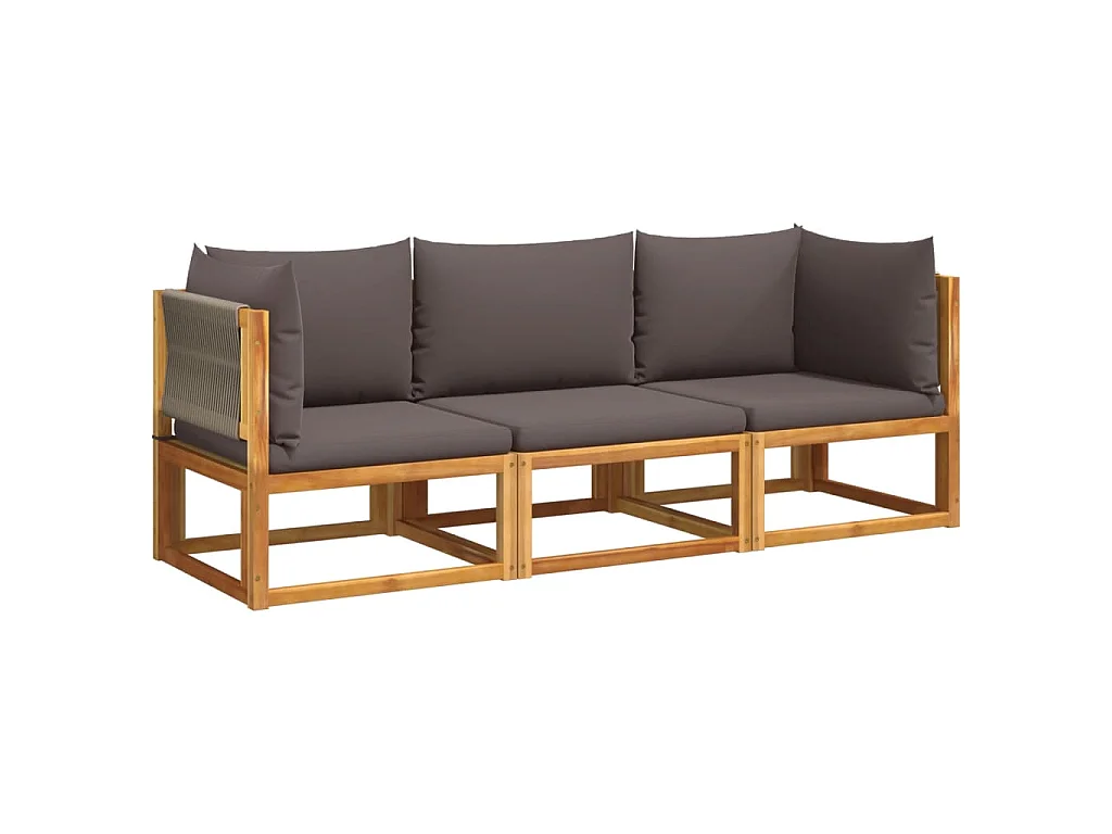 3-tlg. Gartensofa-Set mit Kissen Holz Akazie & Seil