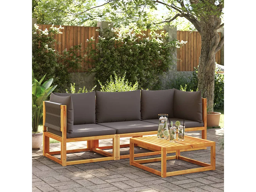 3-tlg. Gartensofa-Set mit Kissen Holz Akazie & Seil