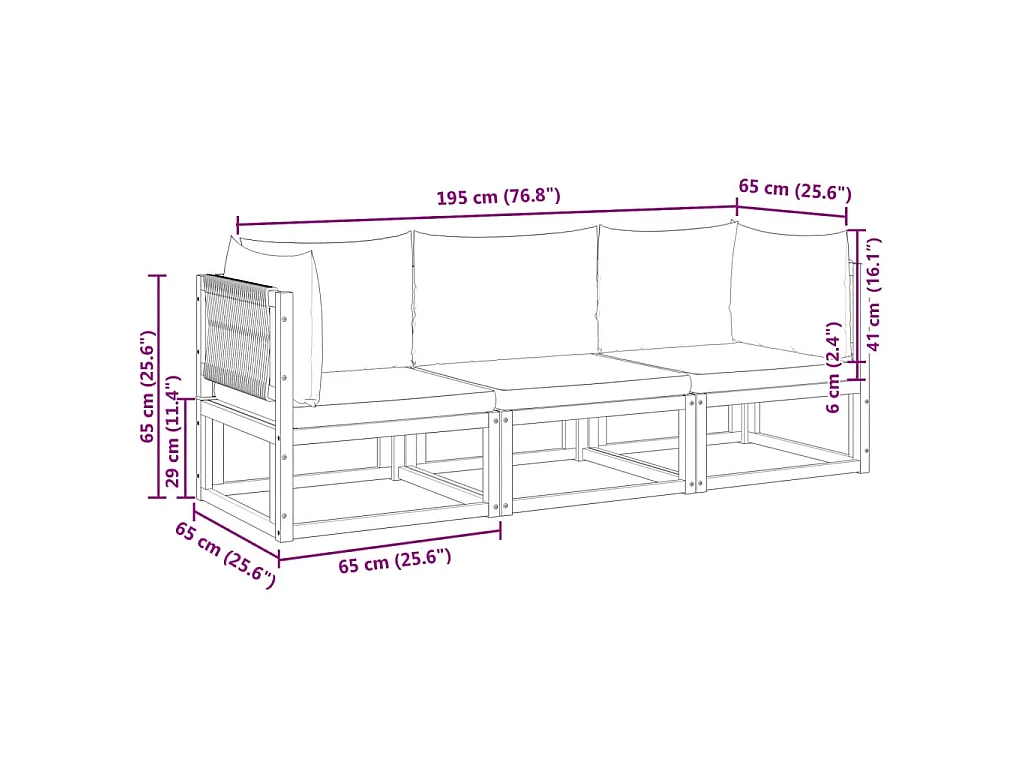 3-tlg. Gartensofa-Set mit Kissen Holz Akazie & Seil