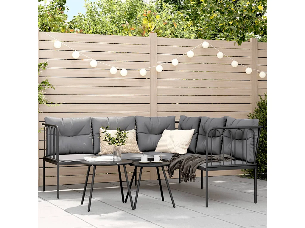 Canapé de jardin avec coussins forme de L noir acier textilène