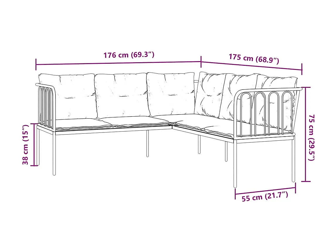 Gartensofa in L-Form mit Kissen Schwarz Stahl und Textilene