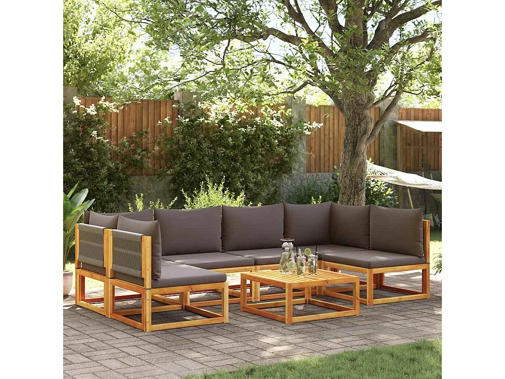 Ensemble de canapés de jardin 7 pièces avec coussins, bois d'acacia et corde,