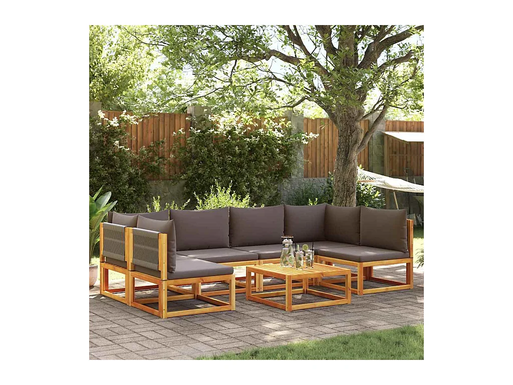 Ensemble de canapés de jardin 7 pièces avec coussins, bois d'acacia et corde,
