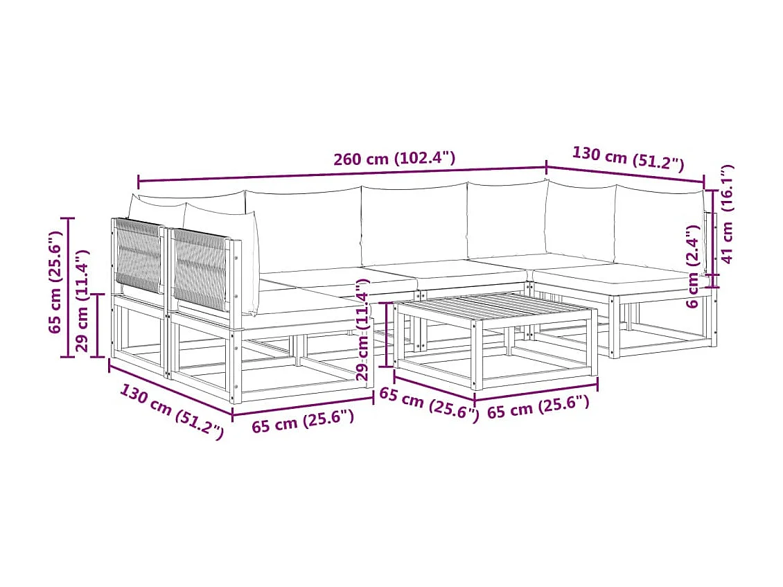 Ensemble de canapés de jardin 7 pièces avec coussins, bois d'acacia et corde,