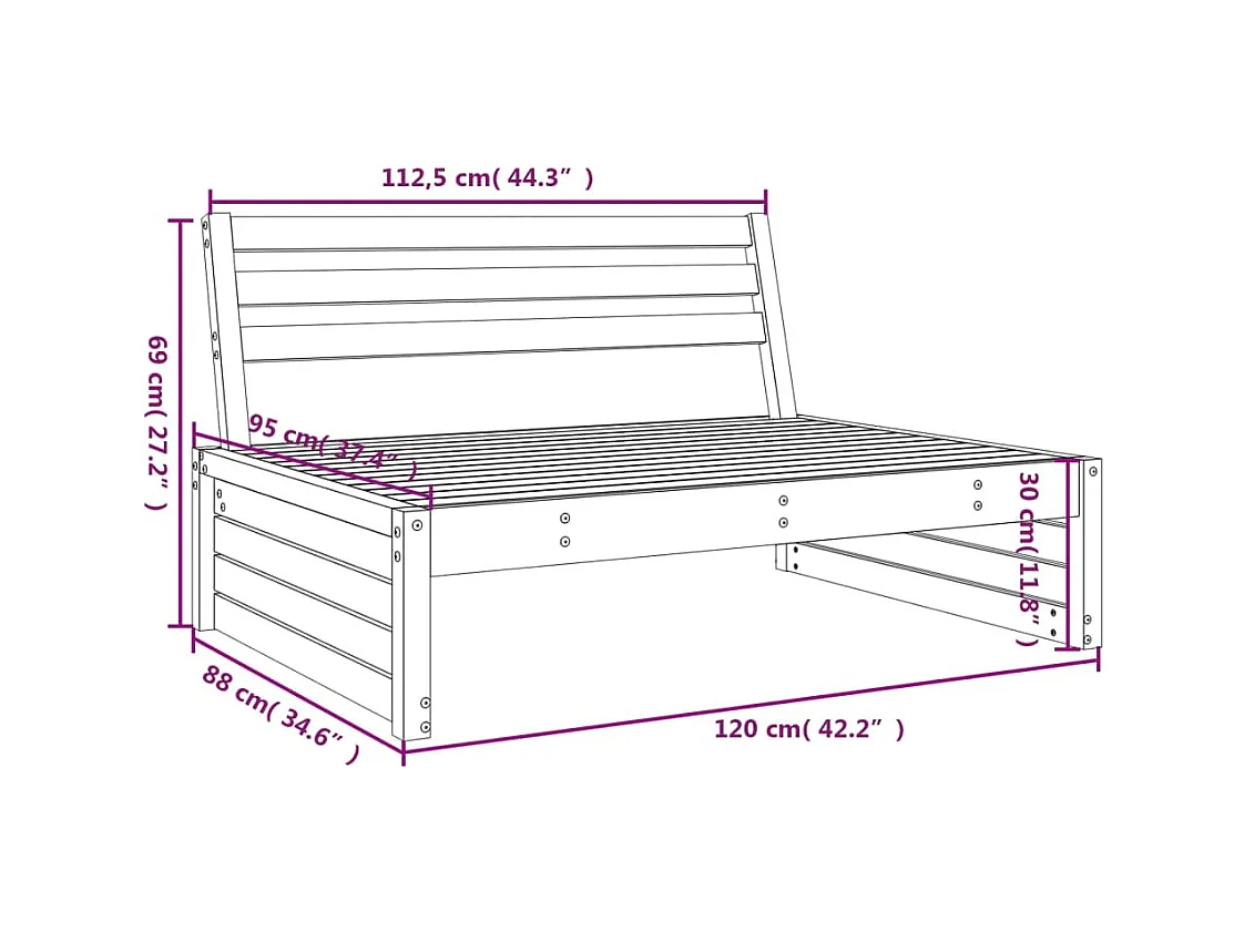 Canapé central de jardin 120x80 cm bois de pin imprégné