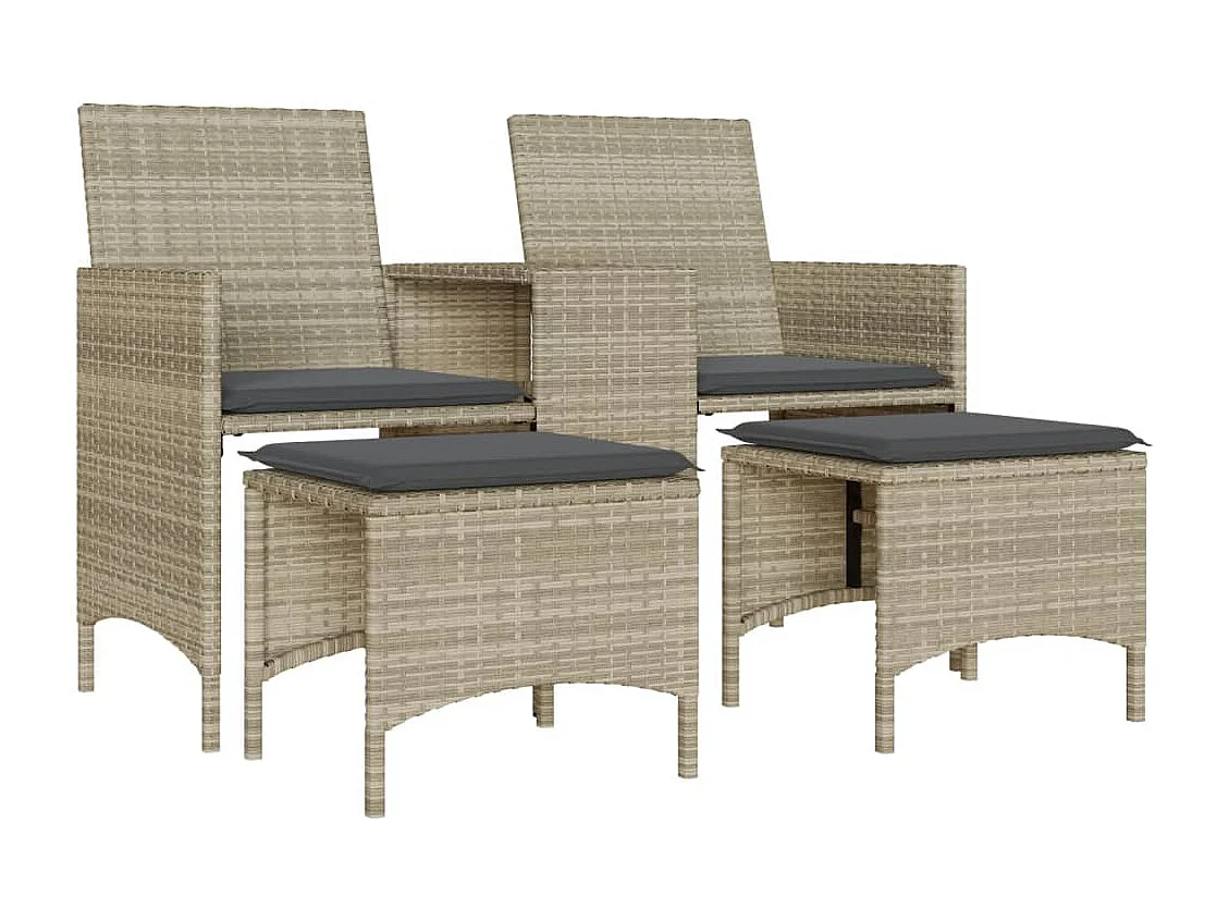 Tuinbank 2-zits tafel en voetenbanken poly rattan lichtgrijs