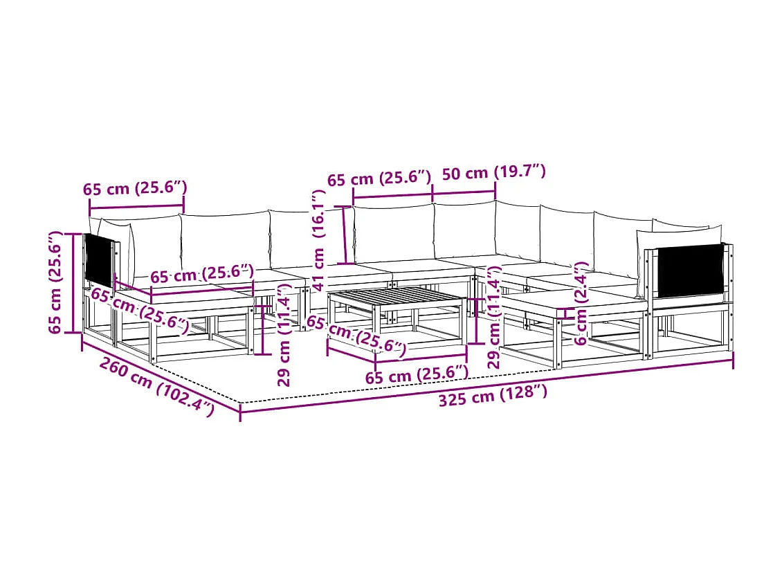 Conjunto de sofás de jardim  de 11 peças com almofadas de madeira de acácia e corda