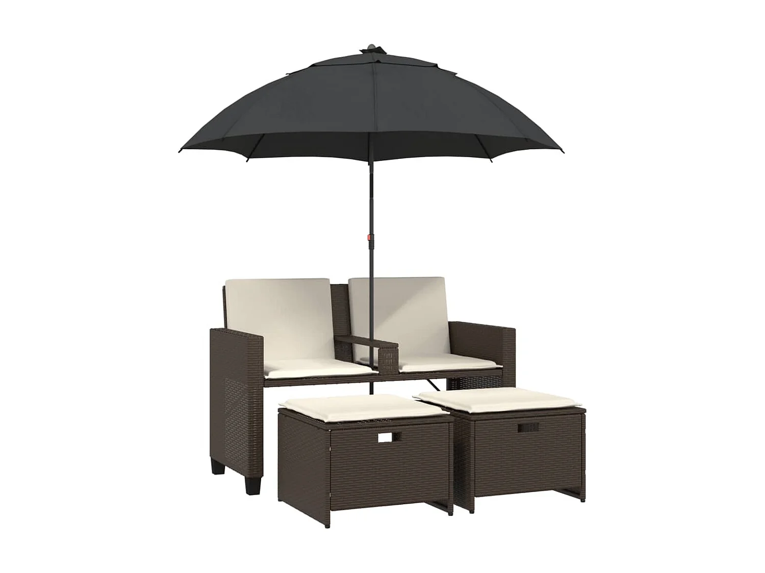 Tuinbank 2-zits met parasol en voetenbanken poly rattan bruin