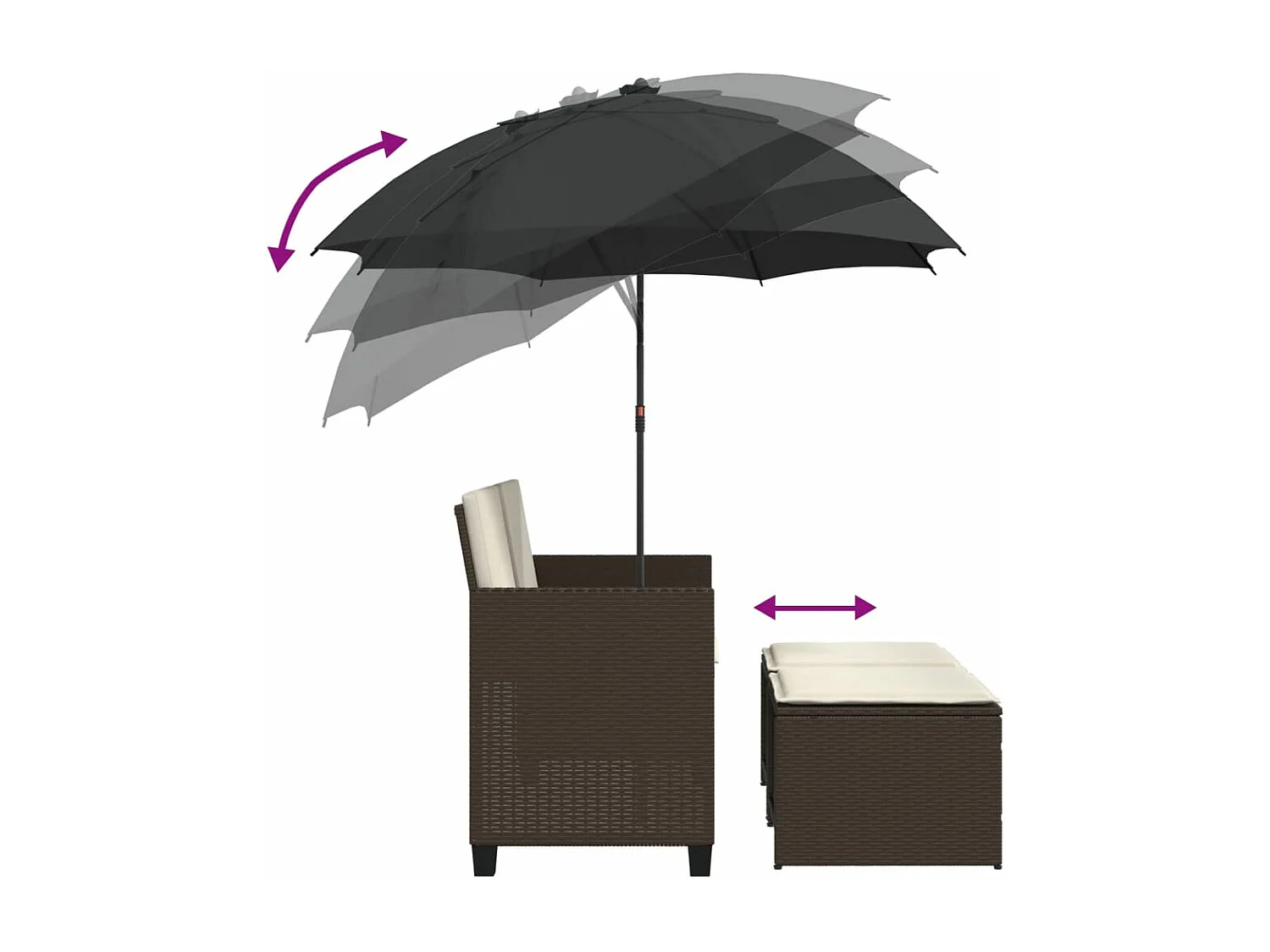 Canapé de jardin 2 places et parasol et tabourets marron rotin