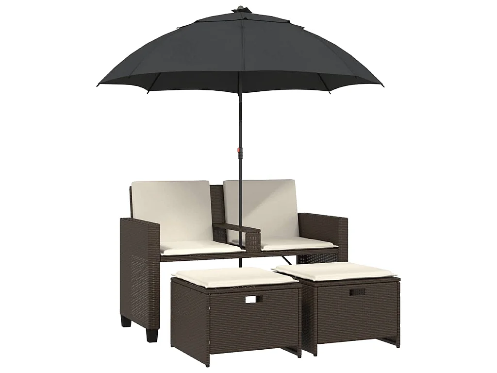 Divano Giardino 2Posti Ombrellone e Sgabelli Marrone Polyrattan