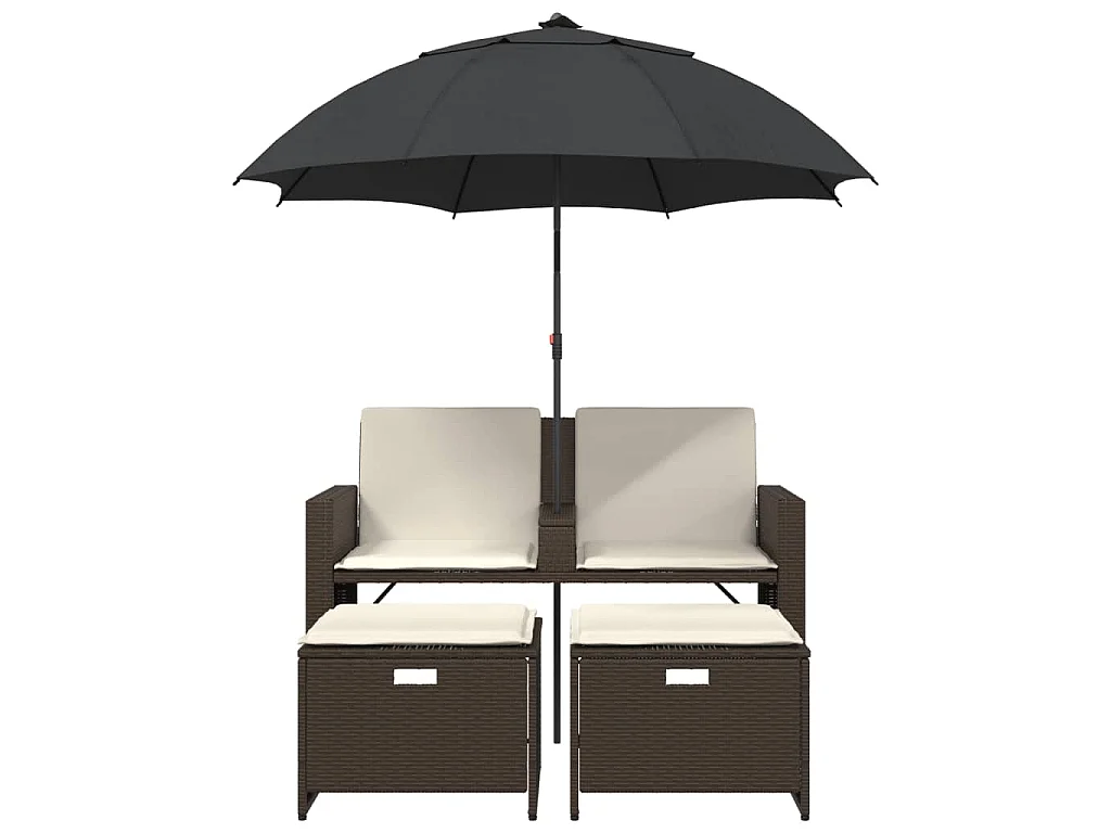 Divano Giardino 2Posti Ombrellone e Sgabelli Marrone Polyrattan