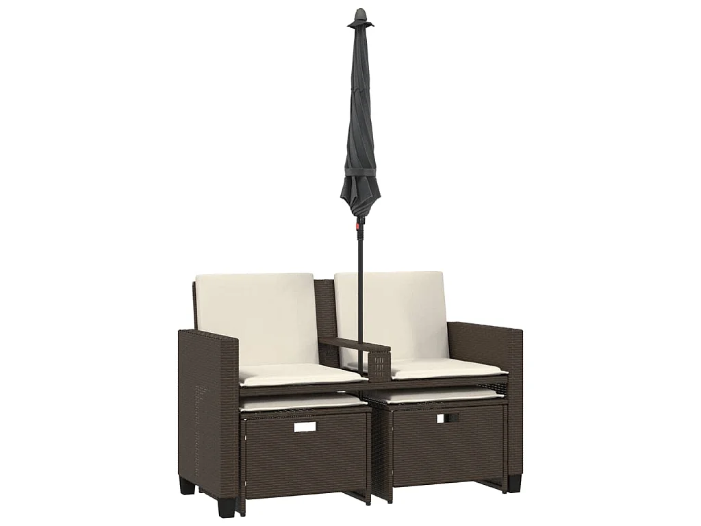 Divano Giardino 2Posti Ombrellone e Sgabelli Marrone Polyrattan