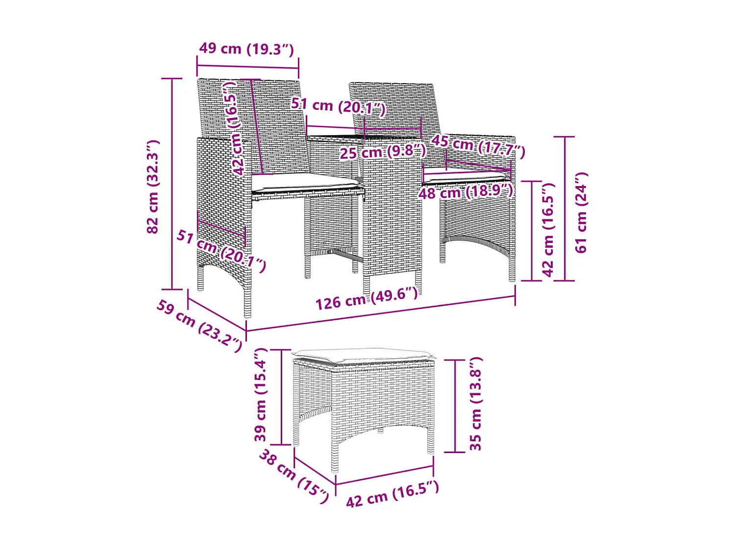 Tuinbank 2-zits met tafel en voetenbanken poly rattan grijs