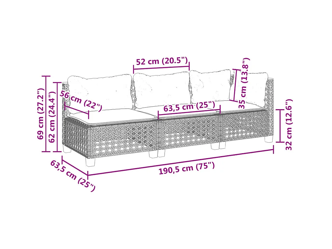 Canapé de jardin avec coussins 3 places gris résine tressée