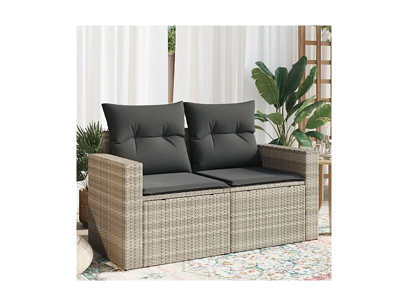 Gartensofa mit Kissen 2-Sitzer Hellgrau Poly Rattan