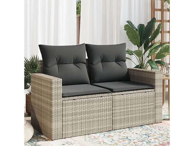 Canapé de jardin 2 places et coussins gris clair résine tressée