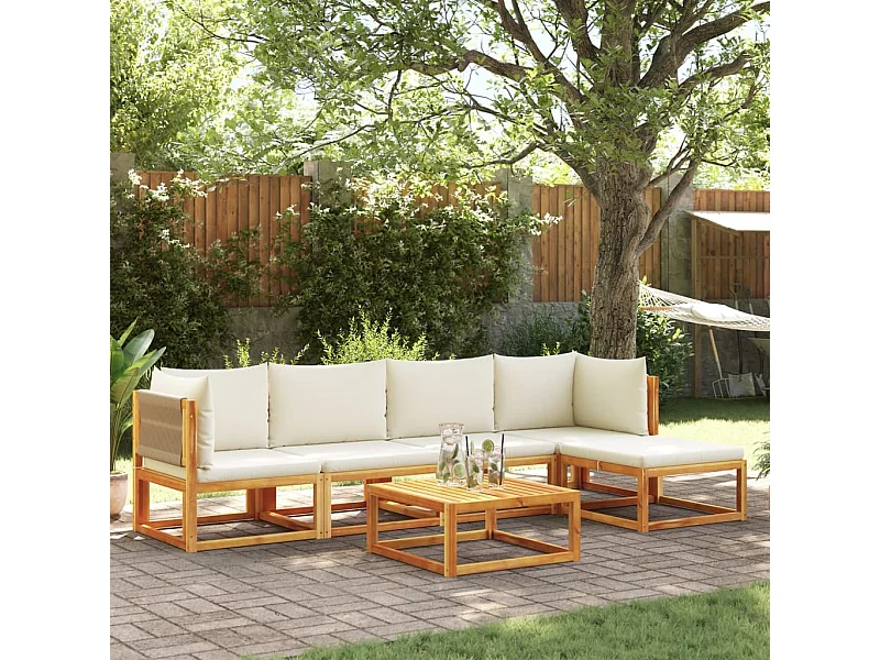 Conjunto de sofá de jardín de 6 piezas con cojines de madera de acacia y cuerda