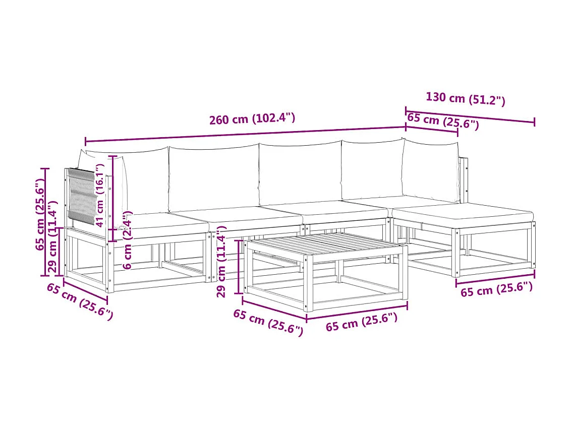 Ensemble de canapés de jardin 6 pièces avec coussins en bois d'acacia et corde