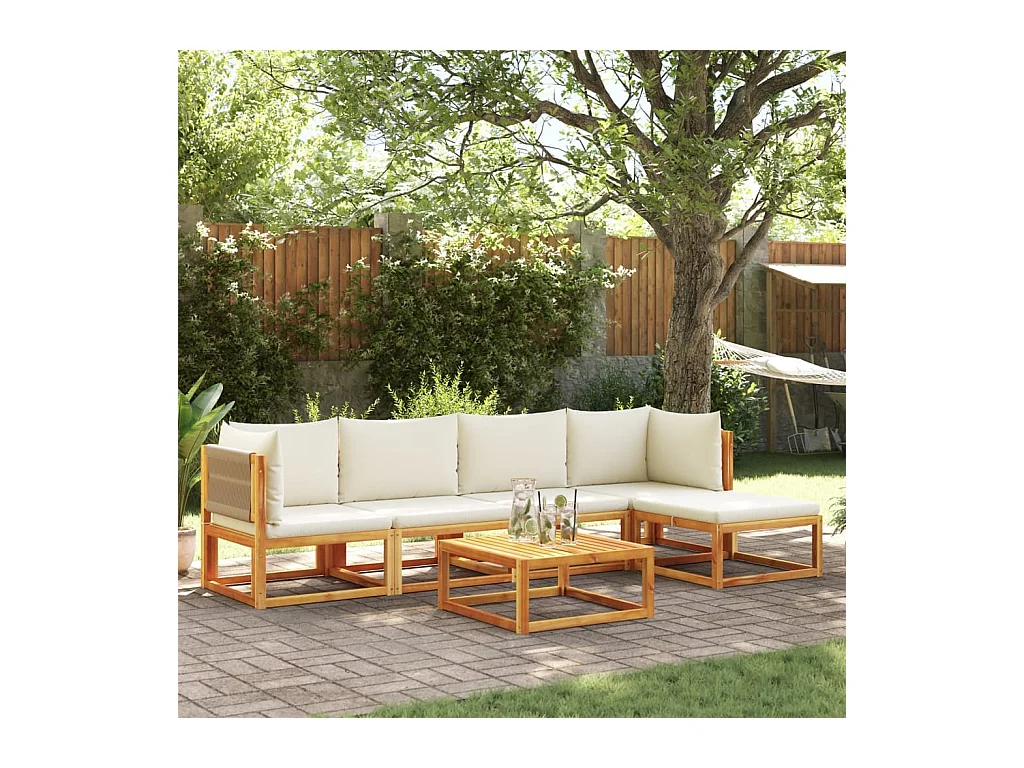 Ensemble de canapés de jardin 6 pièces avec coussins en bois d'acacia et corde