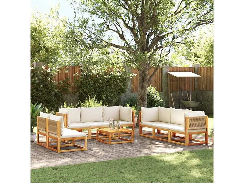 Ensemble de canapés de jardin 9 pièces avec coussins en bois d'acacia et corde