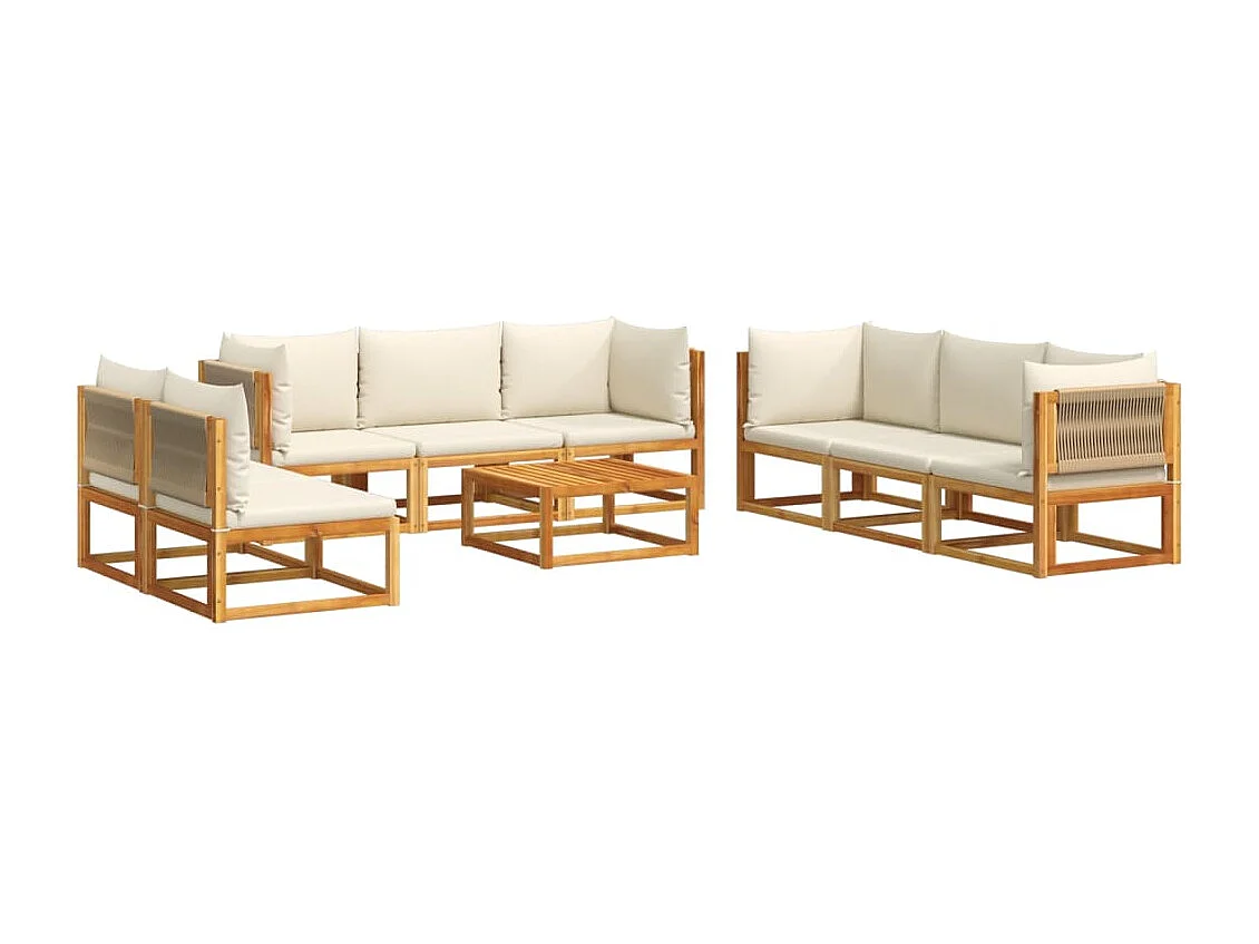 Ensemble de canapés de jardin 9 pièces avec coussins en bois d'acacia et corde