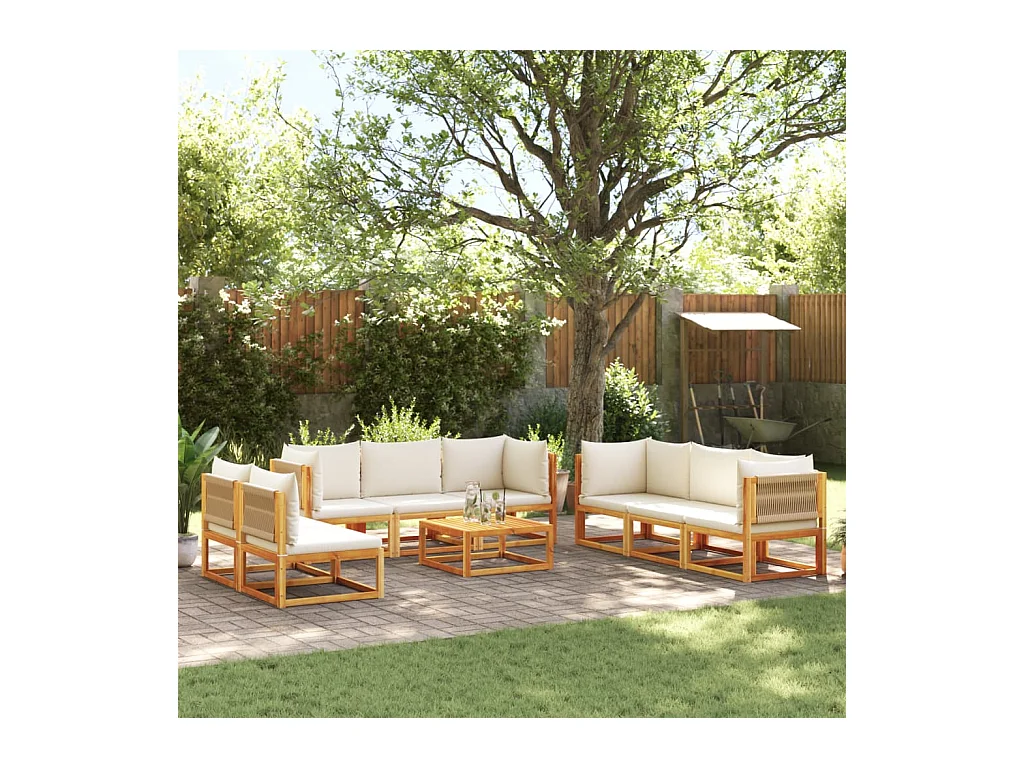 Conjunto de sofás de jardim  de 9 peças com almofadas de madeira de acácia e corda
