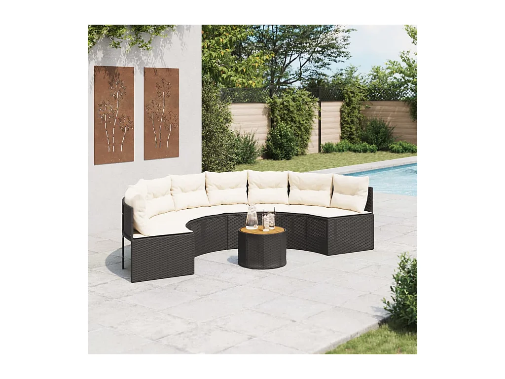 Gartensofa mit Tisch und Kissen Halbrund Schwarz Poly-Rattan