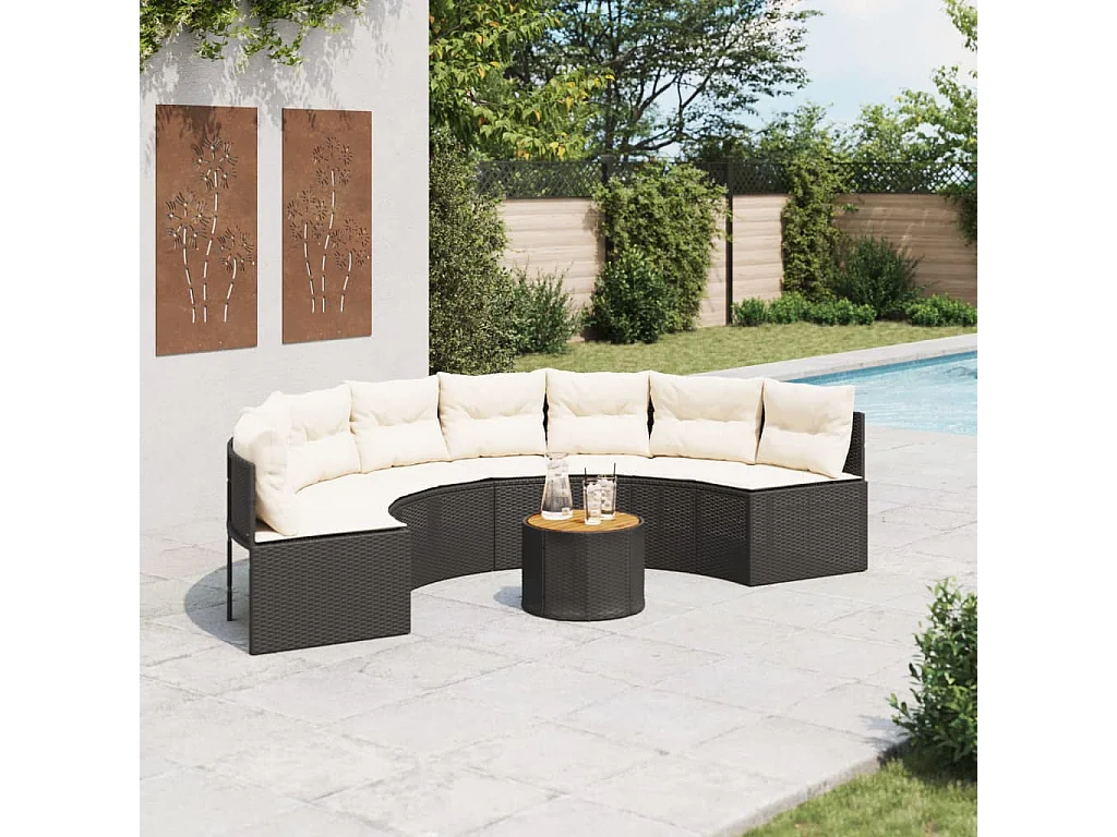 Tuinbank met tafel en kussens halfrond poly rattan zwart