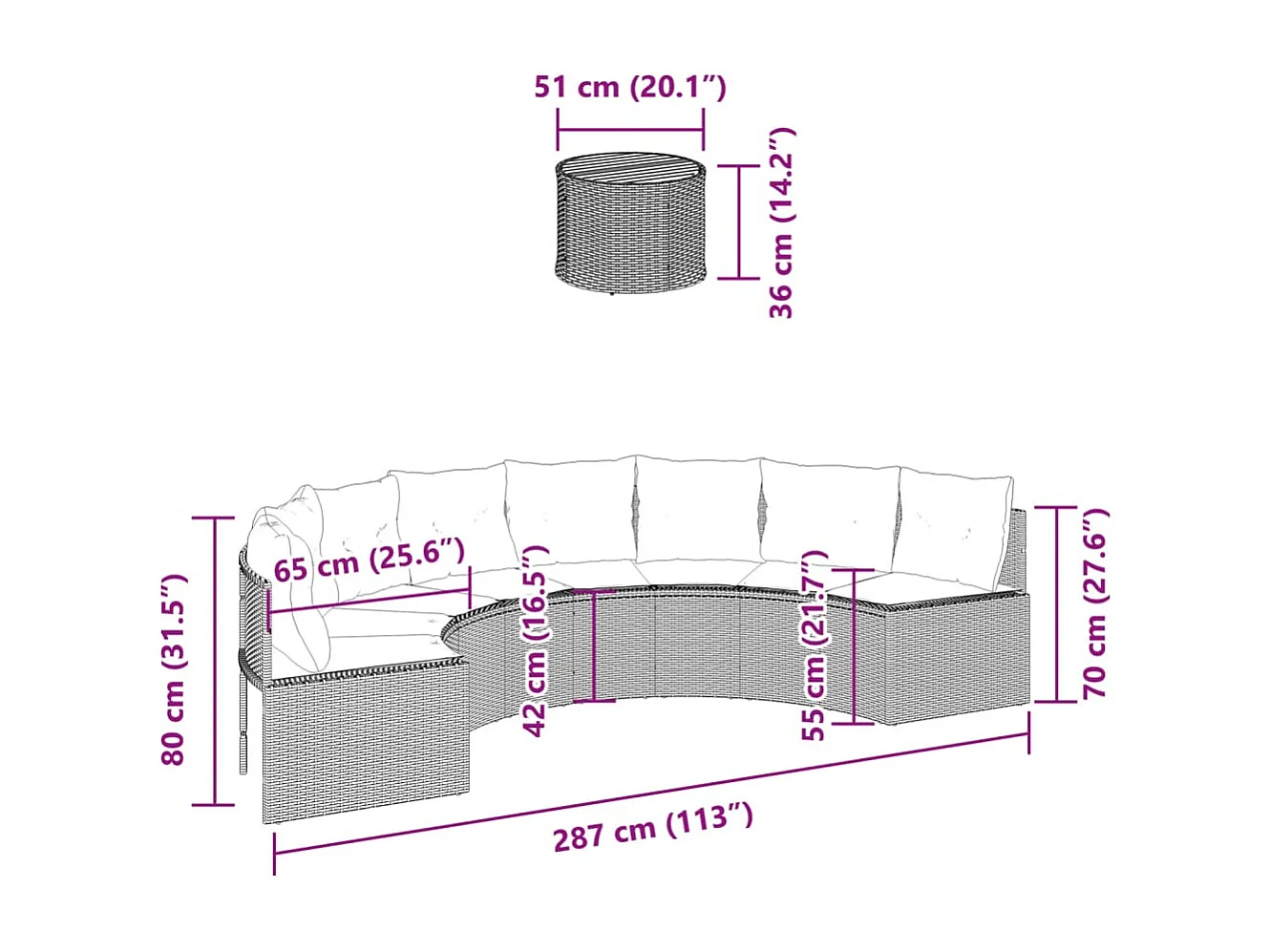 Tuinbank met tafel en kussens halfrond poly rattan zwart