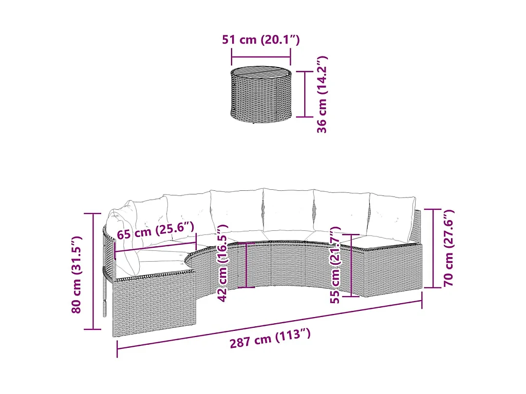 Divano Giardino Tavolo e Cuscini Semicircolare Nero Polyrattan