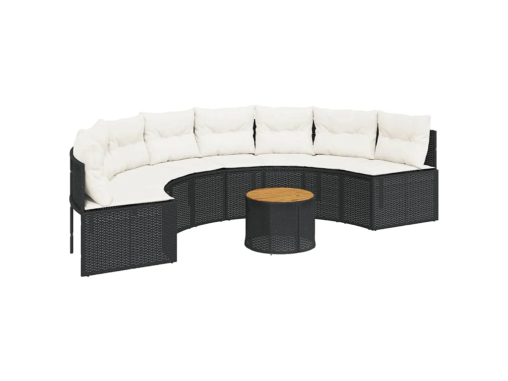 Divano Giardino Tavolo e Cuscini Semicircolare Nero Polyrattan